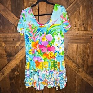 Vintage Jams World Vibrant Floral Drop Tiered Ruffle Waist Hattie Dress Size M